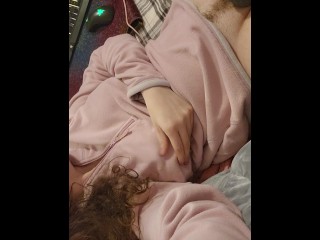 Big tits in a fleece sweater WET magic wand