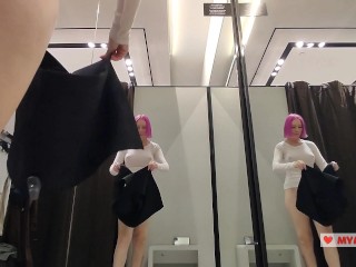 Try on haul transparent clothes in the fitting room. Busty blonde tries on a transparent blouse in o