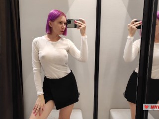 Try on haul transparent clothes in the fitting room. Busty blonde tries on a transparent blouse in o