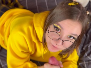 Cutie in short skirt sucked me off like the last time and I cum on her beautiful feet POV 4K