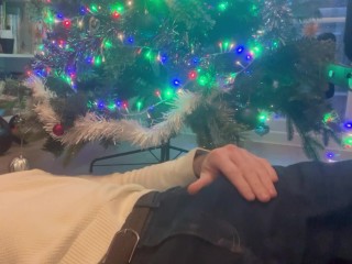 Happy Christmas - big cock jerked to cumshot on stomach under the Christmas tree. Horny & hung jerk