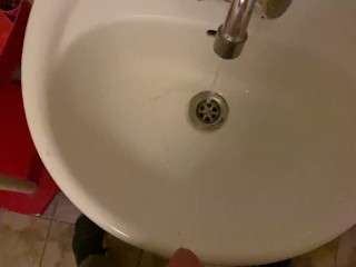 Hooligan in a public office toilet)) pissing in the sink POV