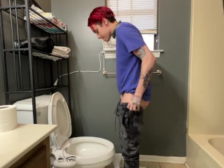 Trans Boy Pees with STP Packer Full Side View