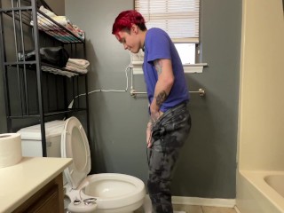 Trans Boy Pees with STP Packer Full Side View