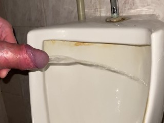 Quick pissing in a public toilet close up