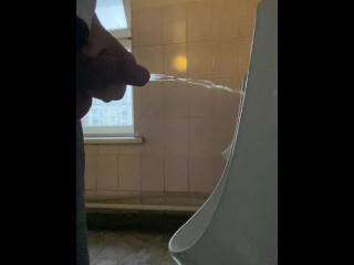 Pissing in a public office toilet with my big uncut cock 4K