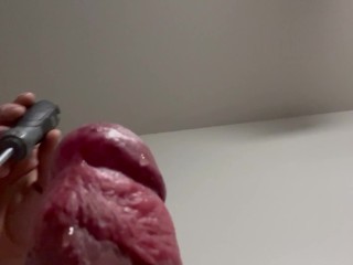 Inserting screwdriver in my big white cocks urethra