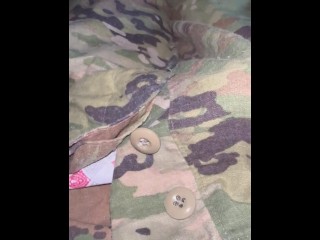 Army Specialist jerks off in boxers borrowed from his sarge and shoots a load of cum on his uniform