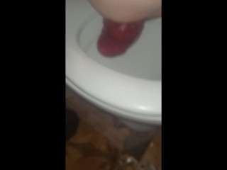Sitting on the toilet, a huge anal prolapse fell out from a young guy and a bottle in his ass