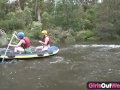 Hairy lesbian fingered in rafting threesome