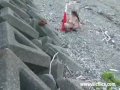 Giant road cone fuck at a public beach