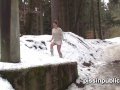 Girls in need skate around in the snow to find a proper place to have a pee