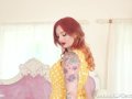 Busty redhead Zara Durose strips off sexy lingerie and wanks in nylon heels