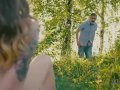 OLD4K. Gal with glasses drilled by friends old dad in the fresh air