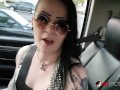 Inked up Mallory Maneater sucks cock in the car